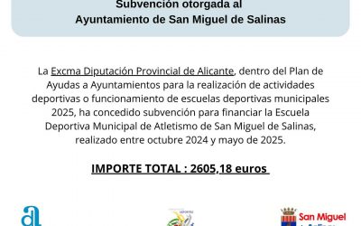 La Excma. Diputación Provincial de Alicante ha concedido una subvención de 2.605,18 € al Ayuntamiento de San Miguel de Salinas