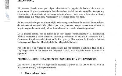 BANDO SOBRE LA RECOGIDA DE RESIDUOS EN SAN MIGUEL DE SALINAS
